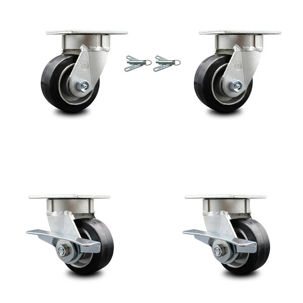 4 Inch Kingpinless Rubber on Aluminum Wheel Caster Swivel Locks 2 Brakes, 2PK